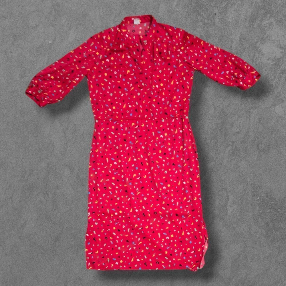 Vintage 80s Abstract Geometric Wild Colorful Midi Dress M/L